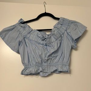 Light Blue Off the Shoulder Crop Top White Stripes